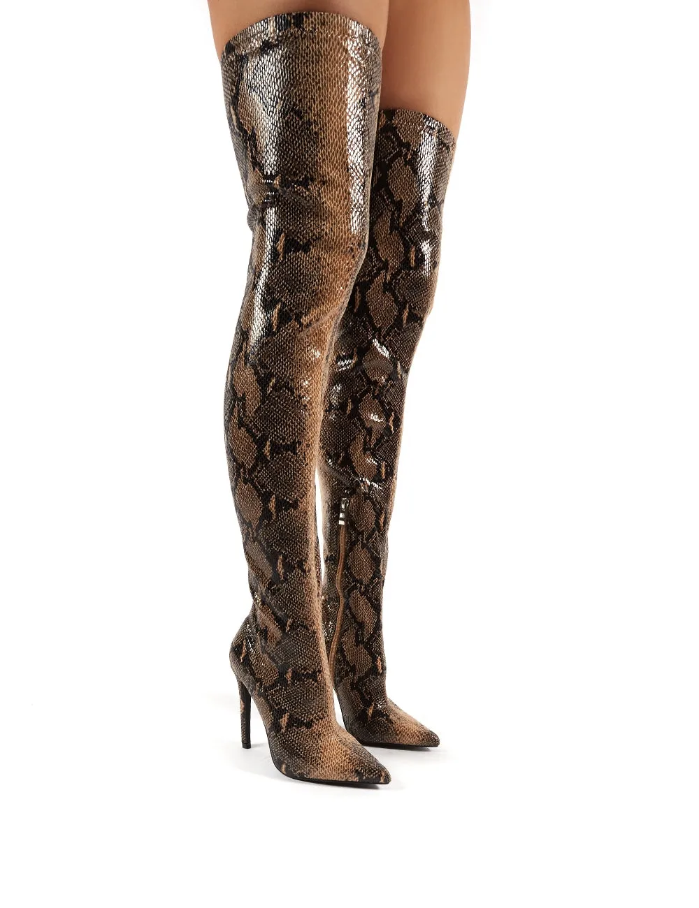 Kimana Tan Snakeskin Heeled Over the Knee Boots