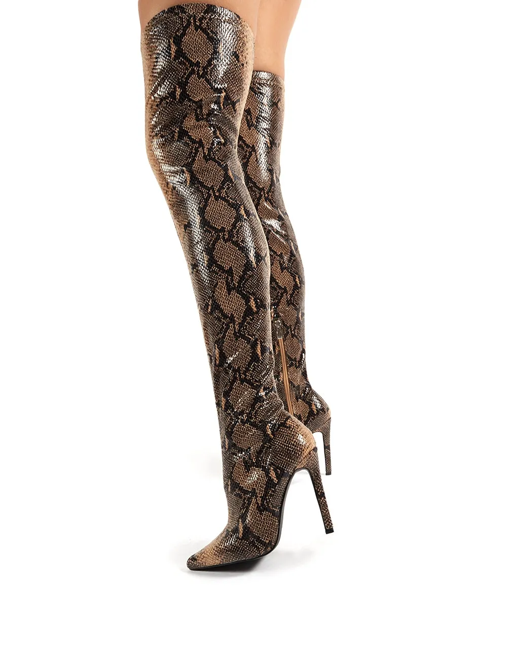 Kimana Tan Snakeskin Heeled Over the Knee Boots