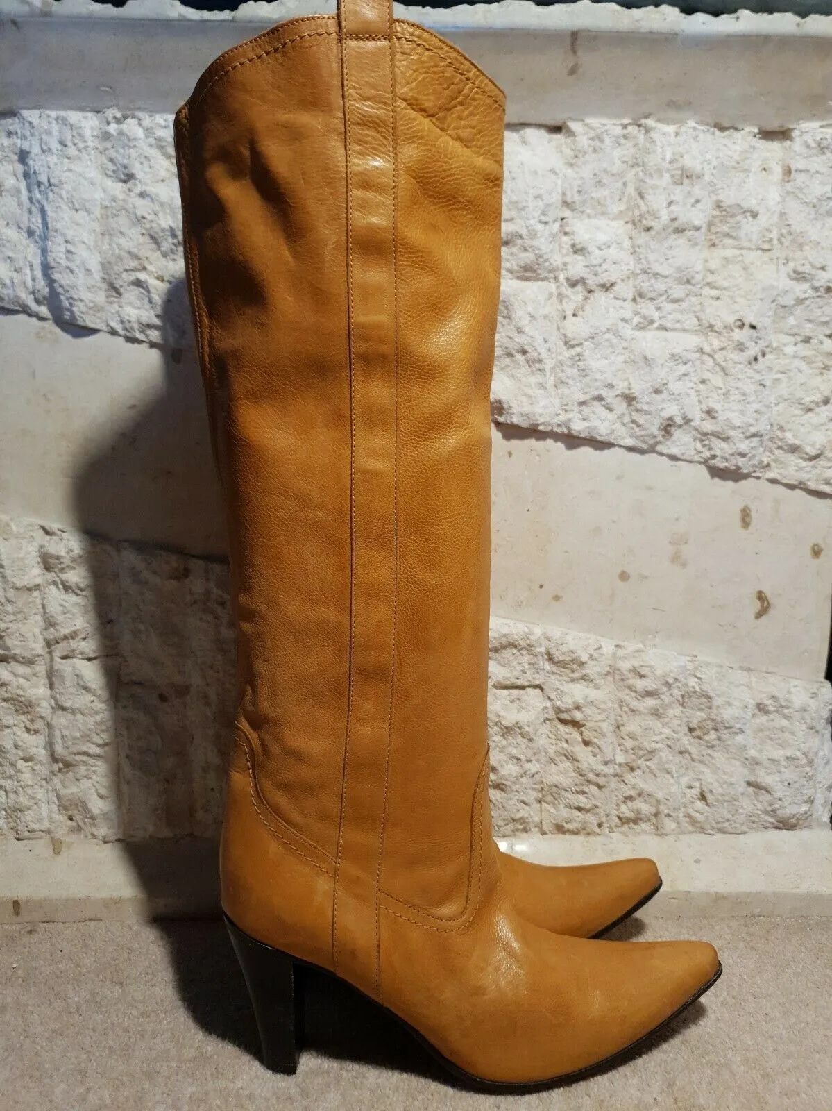 L'AutreChose Vintage Yellow Tan Leather High Heel Boots UK 5.5 US 8 EU 38.5