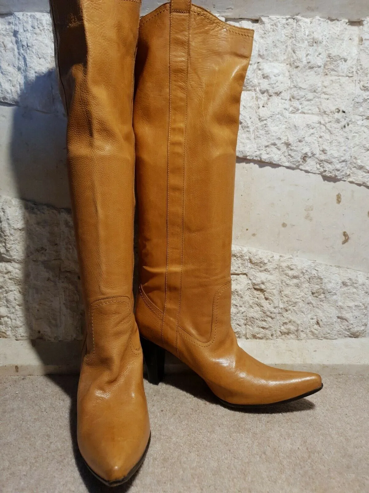 L'AutreChose Vintage Yellow Tan Leather High Heel Boots UK 5.5 US 8 EU 38.5