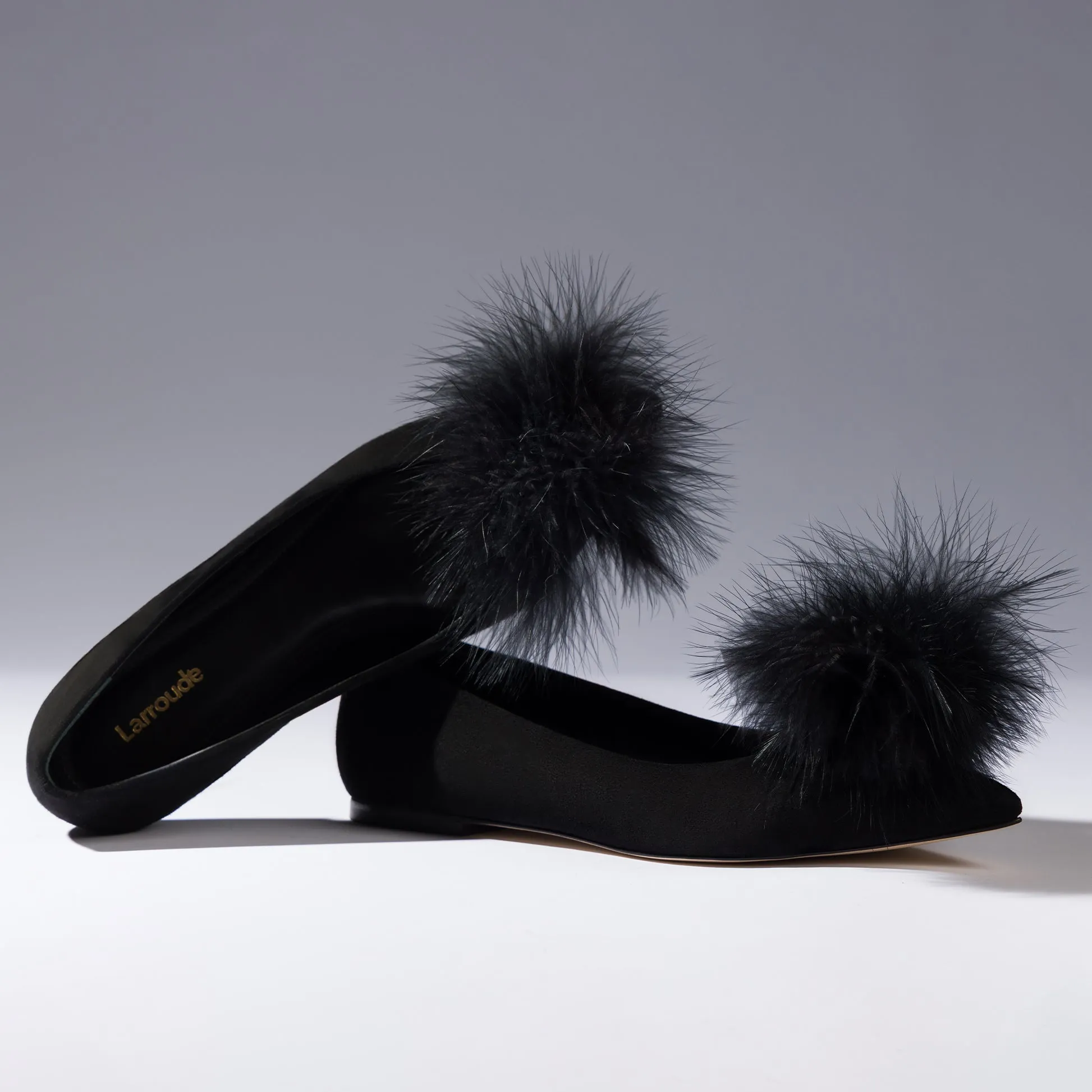 Lee Pompom Flat In Black Suede