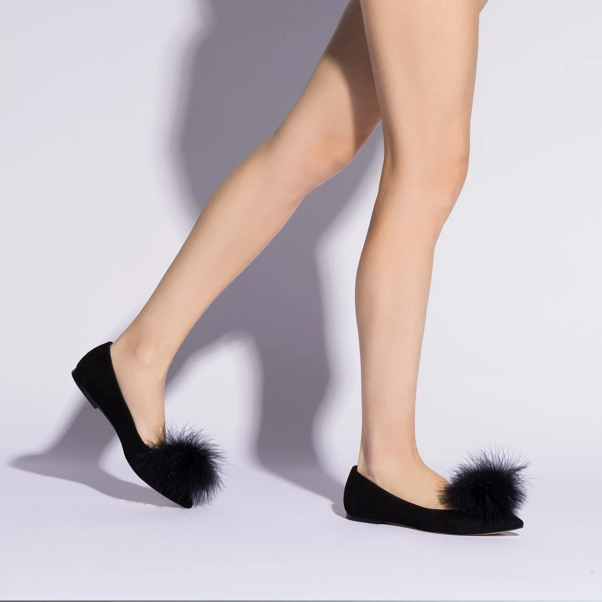 Lee Pompom Flat In Black Suede