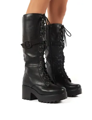 Melody Black Lace Up Chunky Heeled Knee High Boots