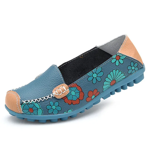 Plardin 2019 Appliques Ballet Summer Flower Print Women Genuine Leather Shoes Woman Flat Flexible Nurse Peas Loafer Flats