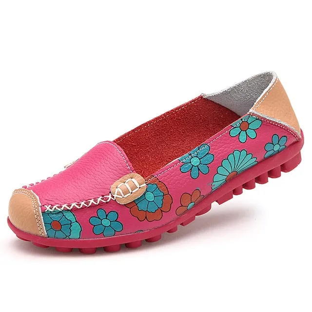 Plardin 2019 Appliques Ballet Summer Flower Print Women Genuine Leather Shoes Woman Flat Flexible Nurse Peas Loafer Flats