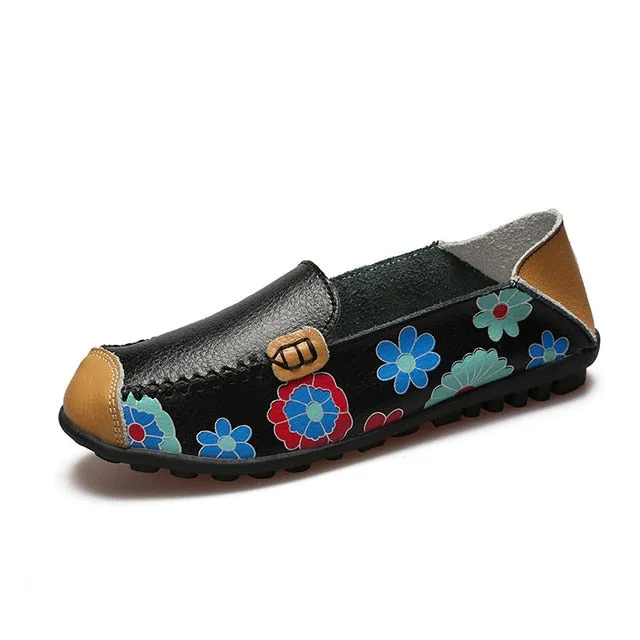 Plardin 2019 Appliques Ballet Summer Flower Print Women Genuine Leather Shoes Woman Flat Flexible Nurse Peas Loafer Flats