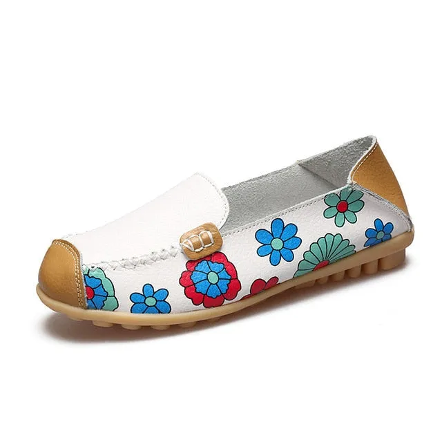 Plardin 2019 Appliques Ballet Summer Flower Print Women Genuine Leather Shoes Woman Flat Flexible Nurse Peas Loafer Flats