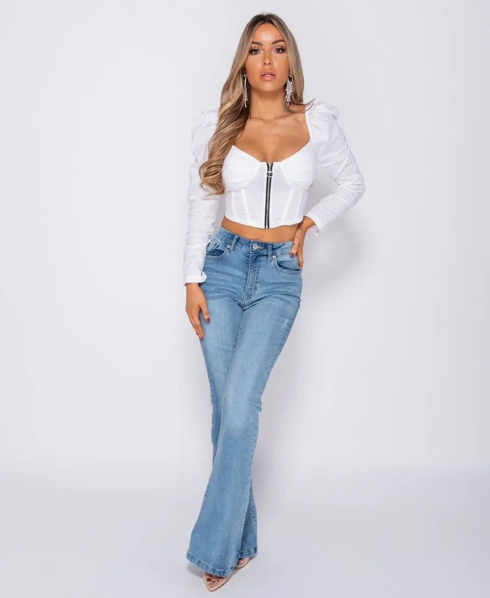 Puffed Sleeve Zip Front Corset Style Crop Top