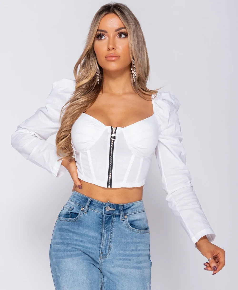 Puffed Sleeve Zip Front Corset Style Crop Top