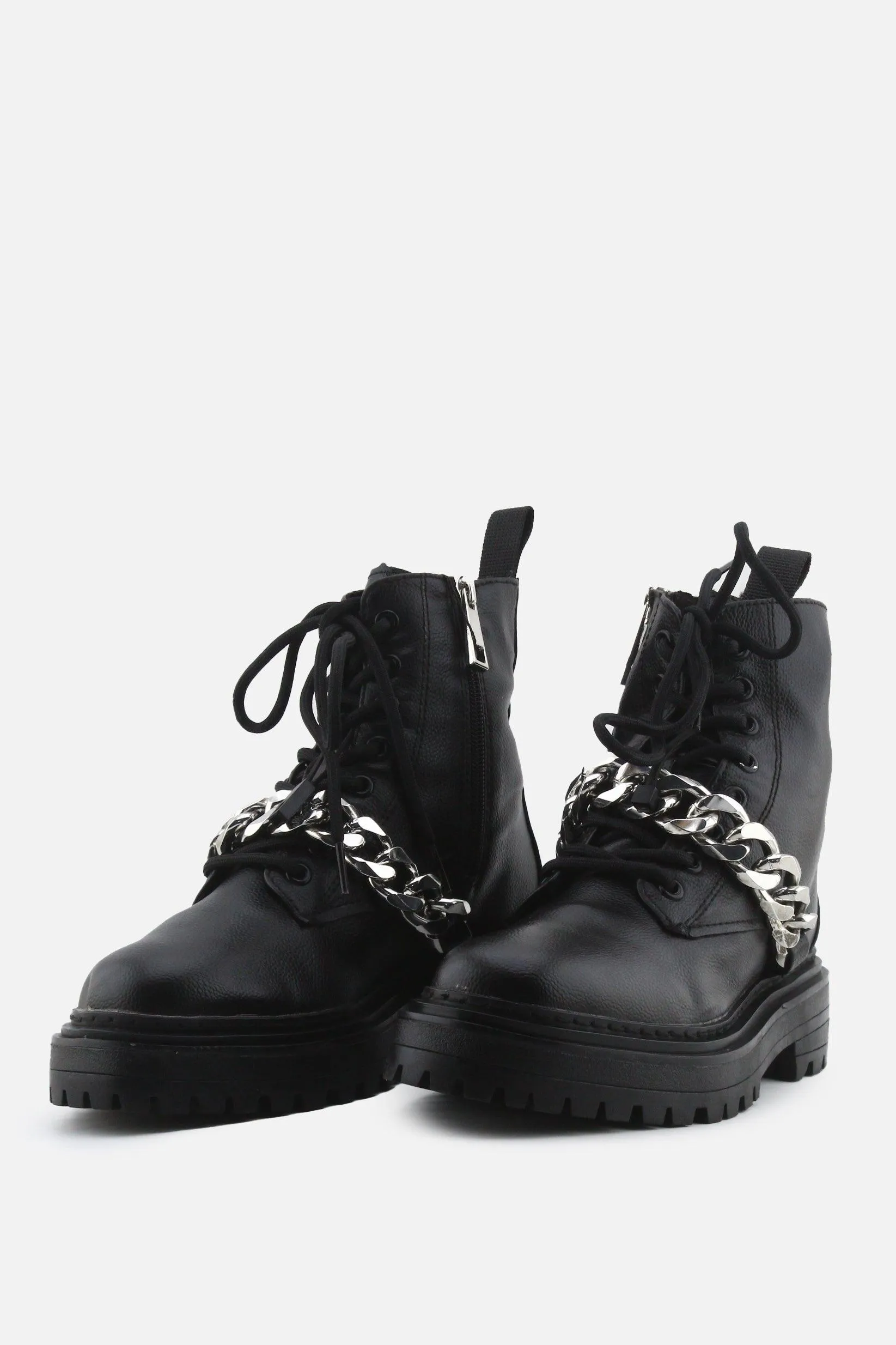 Pull & Bear Zipper Laces Chain Combat Ankle Boots | 100% Authentic Leather