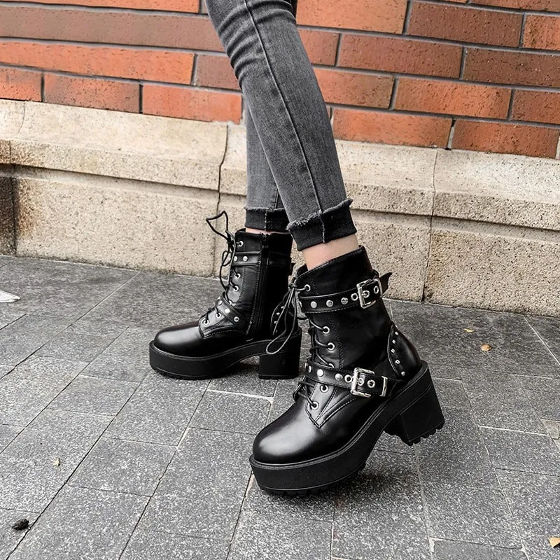 Punk Style Rivets Accented Zip-Up Vegan Leather Combat Boots