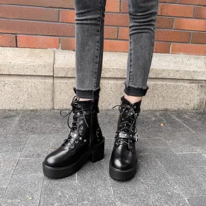 Punk Style Rivets Accented Zip-Up Vegan Leather Combat Boots