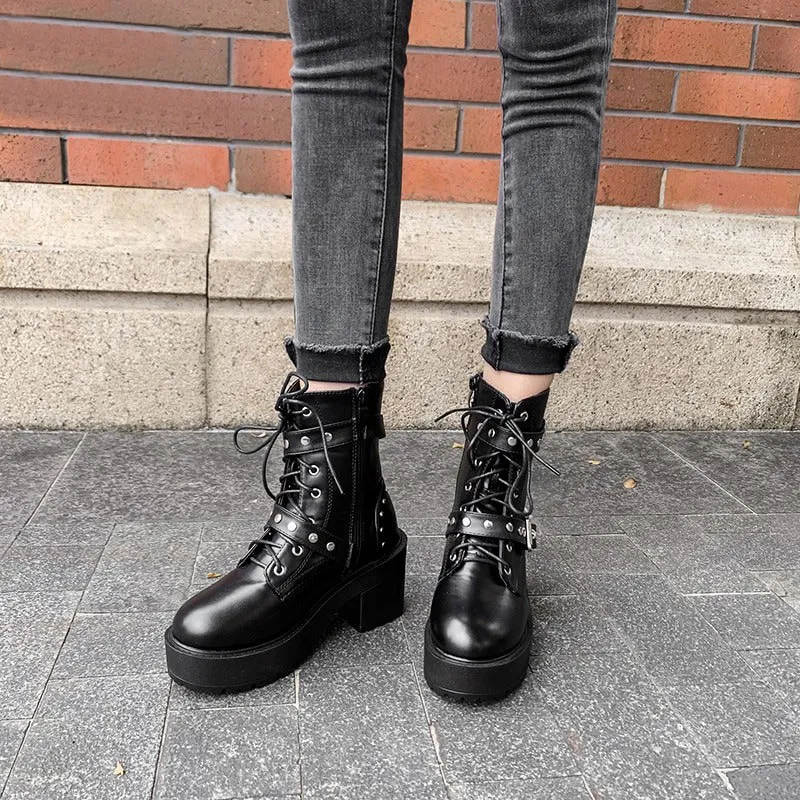 Punk Style Rivets Accented Zip-Up Vegan Leather Combat Boots