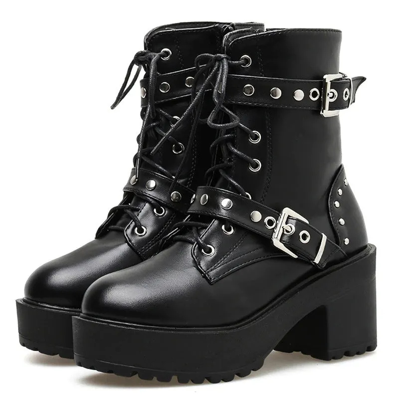 Punk Style Rivets Accented Zip-Up Vegan Leather Combat Boots