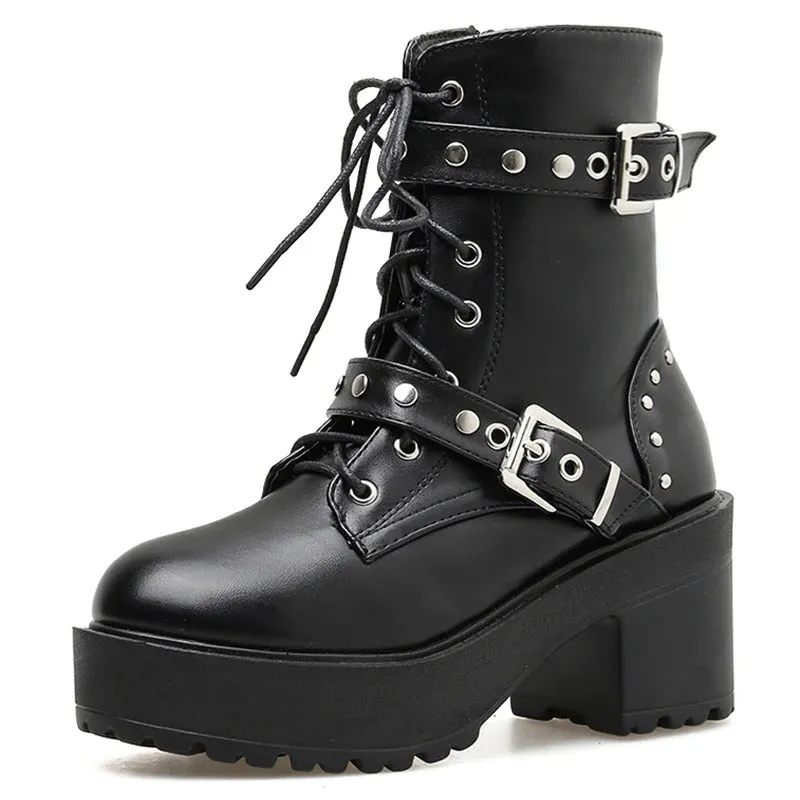 Punk Style Rivets Accented Zip-Up Vegan Leather Combat Boots