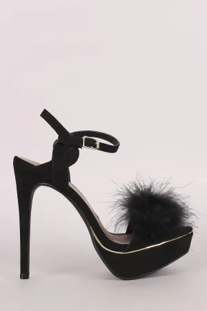 Qupid Faux Feather Band Ankle Strap Suede Stiletto Platform Heel