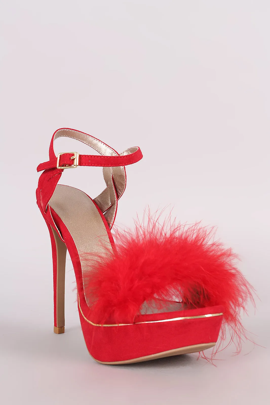 Qupid Faux Feather Band Ankle Strap Suede Stiletto Platform Heel