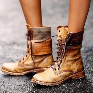 Retro lace up combat boots women's motorcycle boots cow heel combat boots