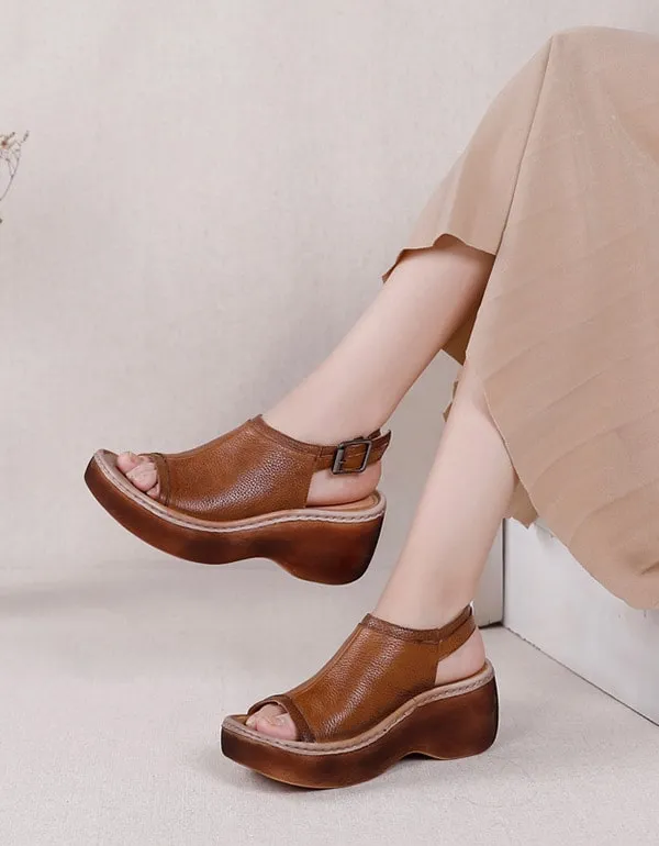 Retro Leather Summer Open Toe Platform Sandals