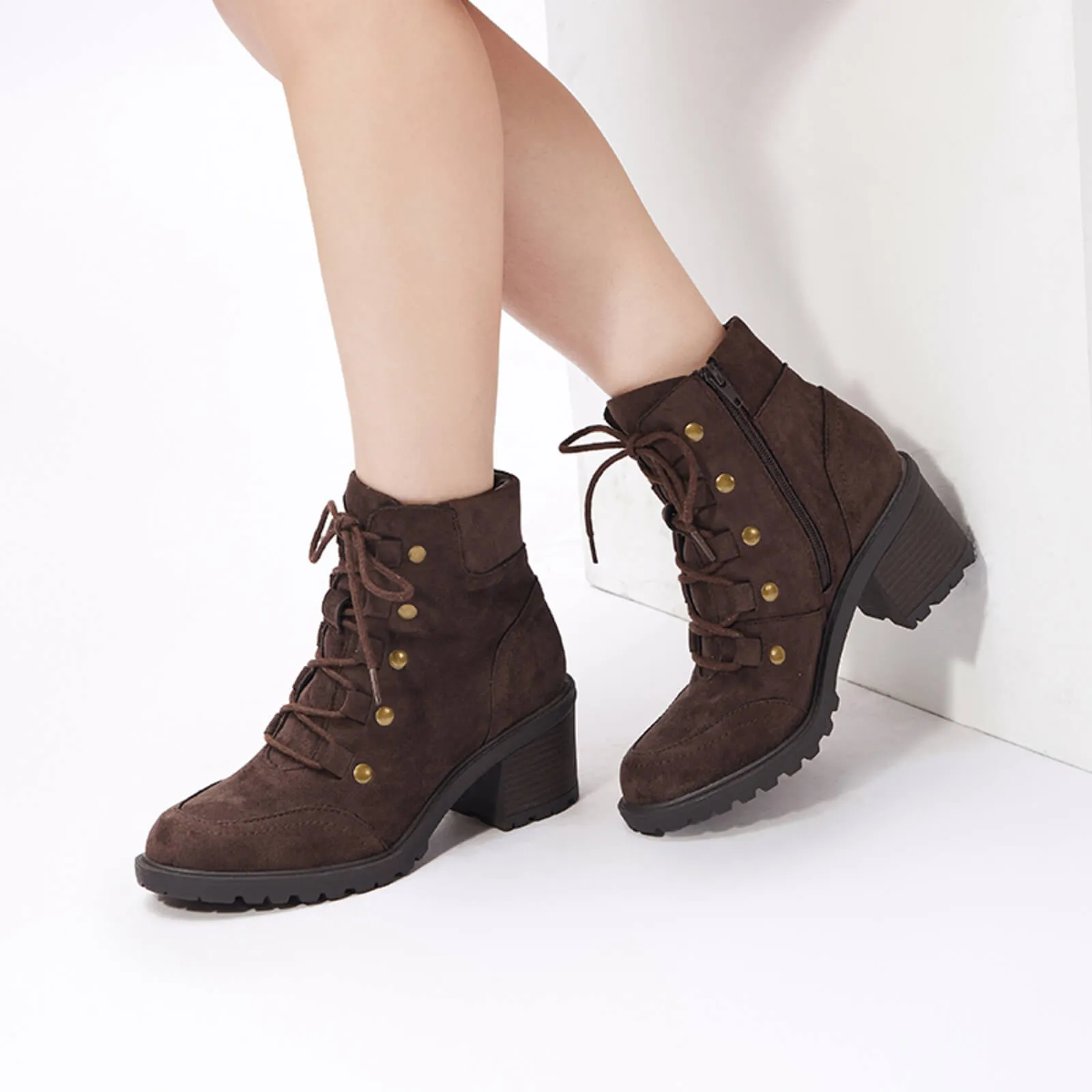 Rivet Lace-up Chunky Heeled Ankle Boots