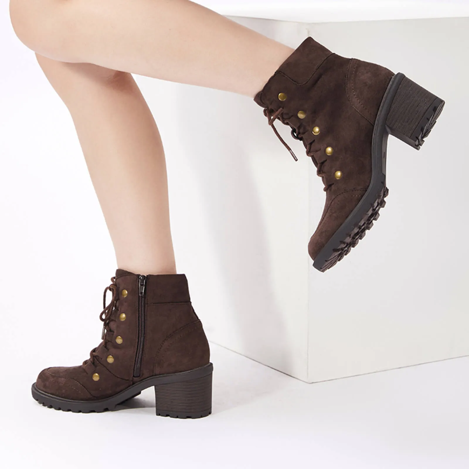 Rivet Lace-up Chunky Heeled Ankle Boots