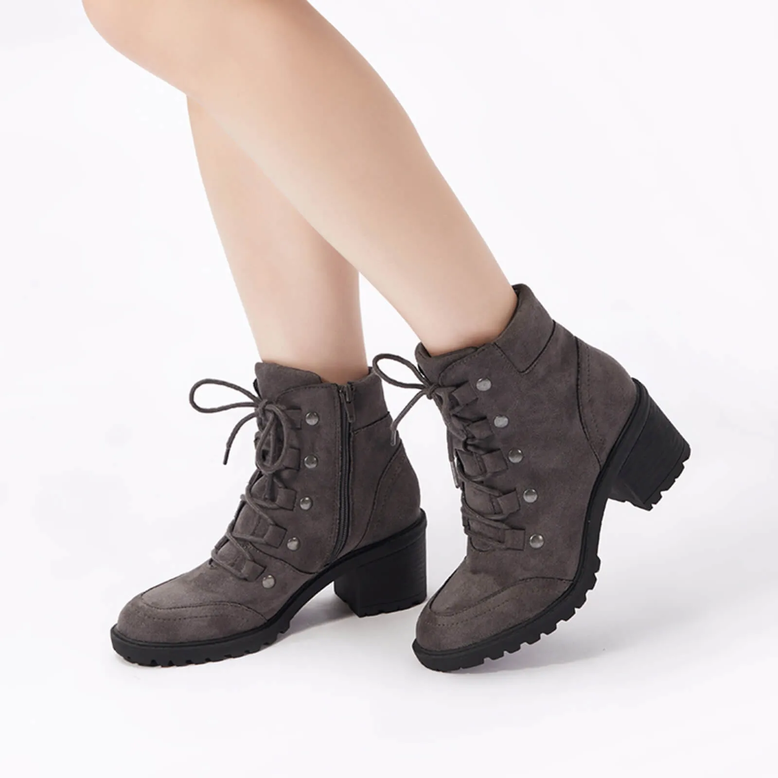 Rivet Lace-up Chunky Heeled Ankle Boots