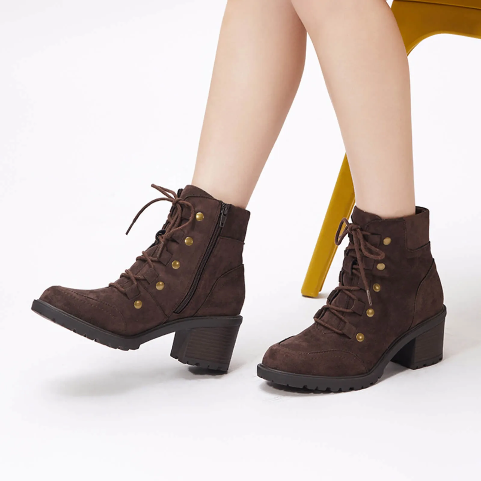 Rivet Lace-up Chunky Heeled Ankle Boots