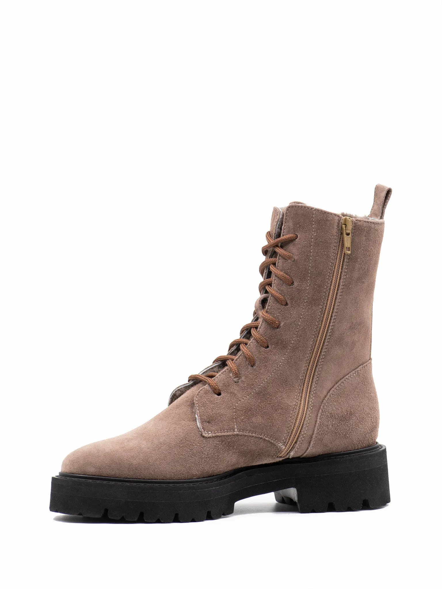 Shearling-lined combat boots in beige suede