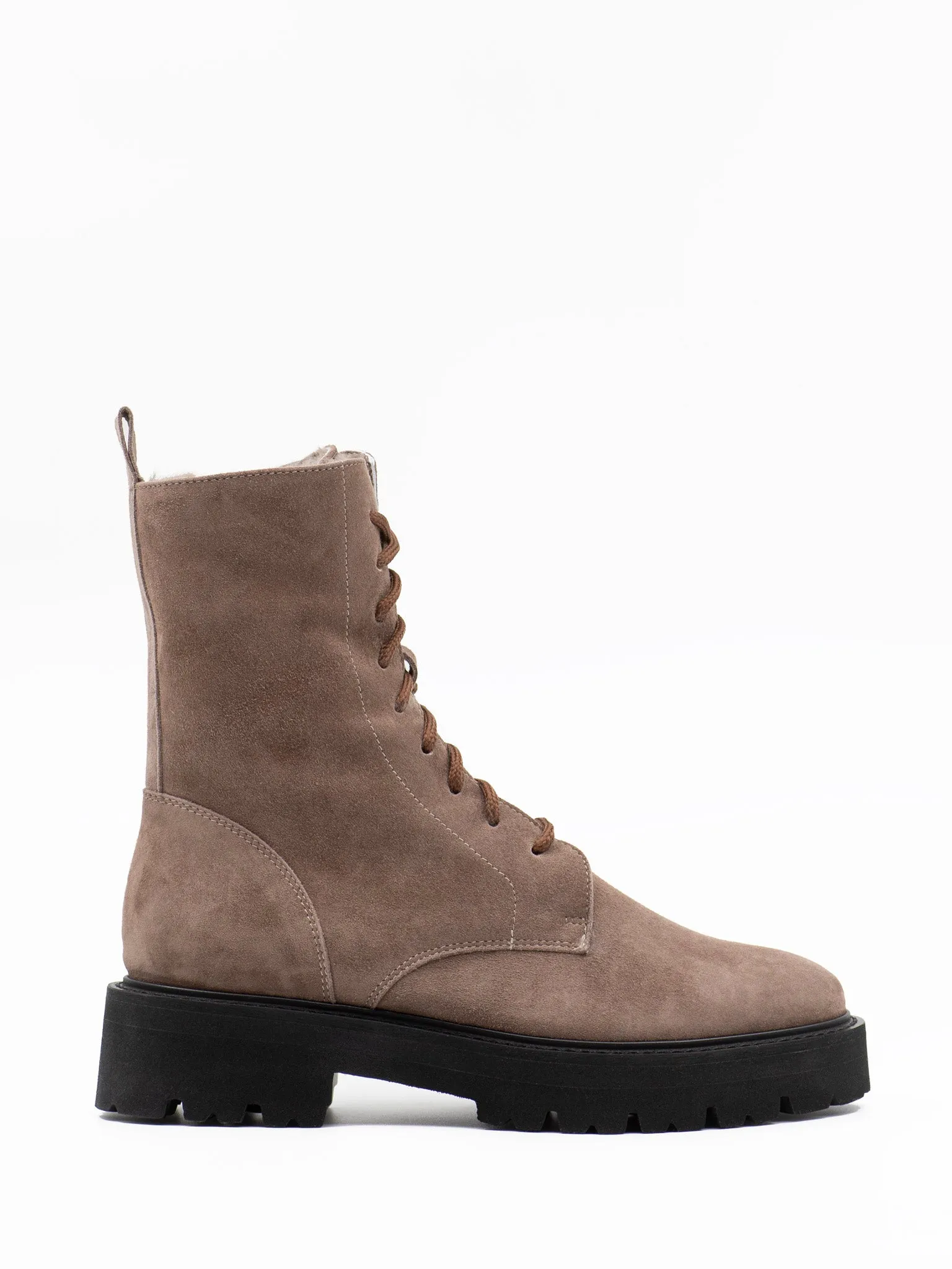 Shearling-lined combat boots in beige suede