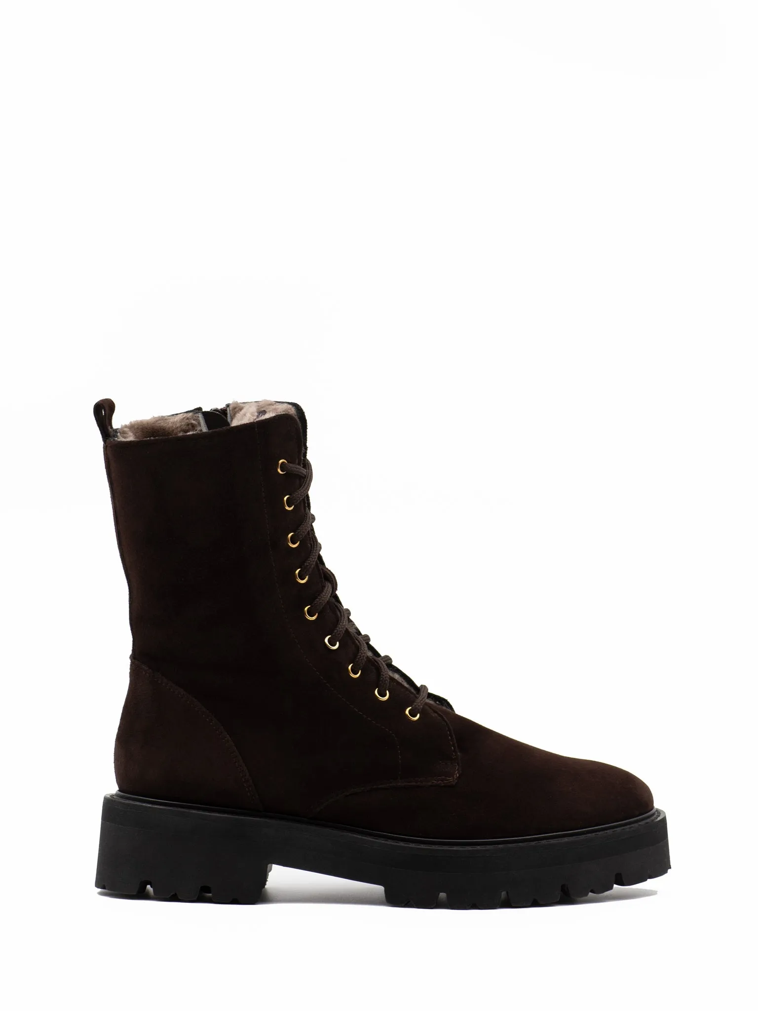 Shearling-lined combat boots in brown suede