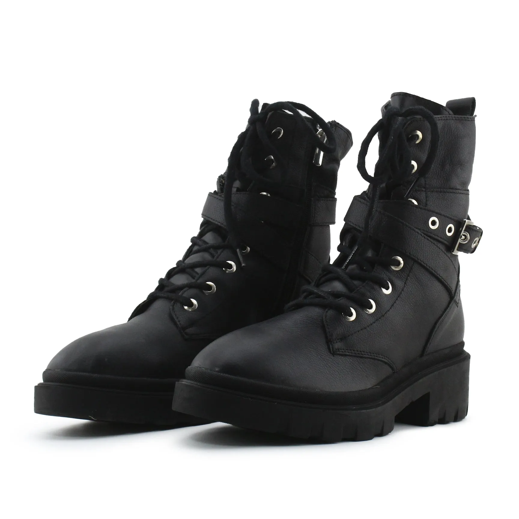 Stradivarius Zipper Buckle Straps Combat Ankle Boots | 100% Authentic leather