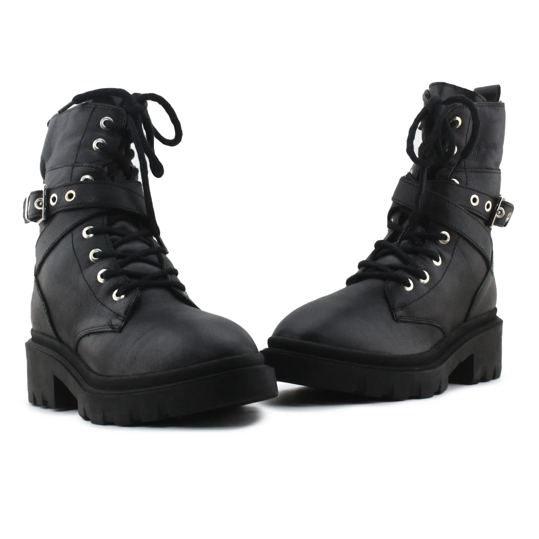 Stradivarius Zipper Buckle Straps Combat Ankle Boots | 100% Authentic leather