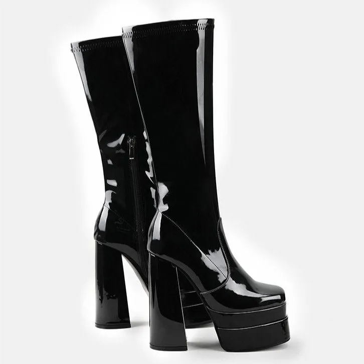 Thick Waterproof Platform Chunky Heel Side Zipper Mid-calf Boots