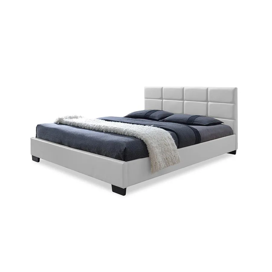 Vivaldi | White Faux Leather Padded Platform Base Queen Size Bed Frame