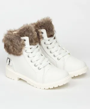 White Faux Fur Lined Buckle Combat Boots