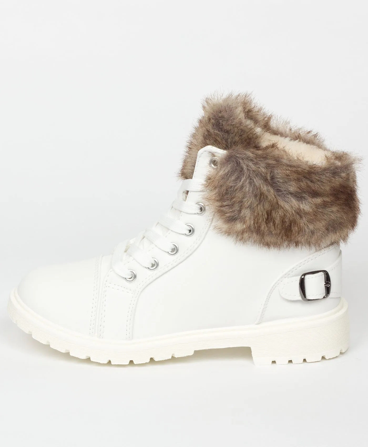 White Faux Fur Lined Buckle Combat Boots