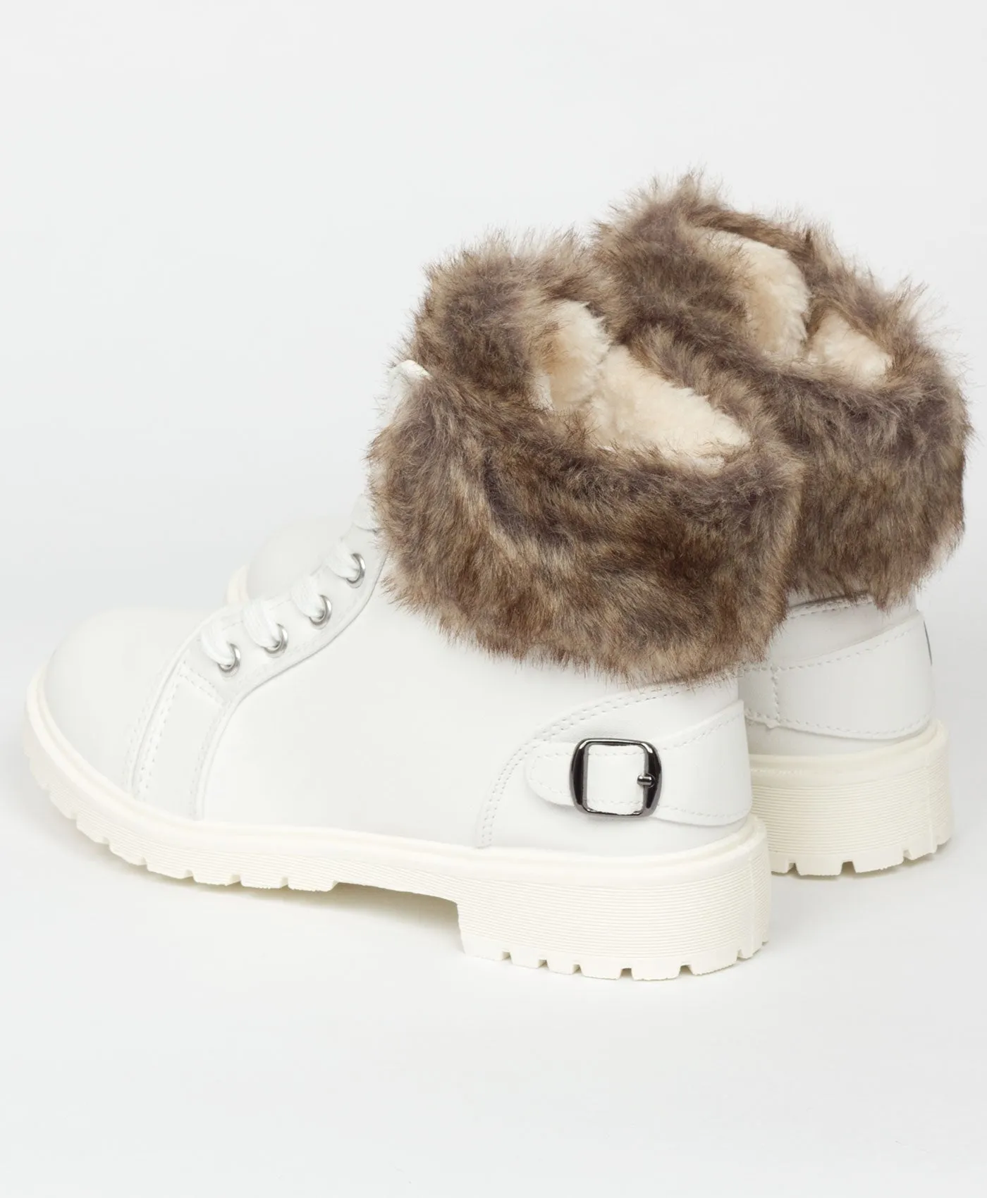 White Faux Fur Lined Buckle Combat Boots