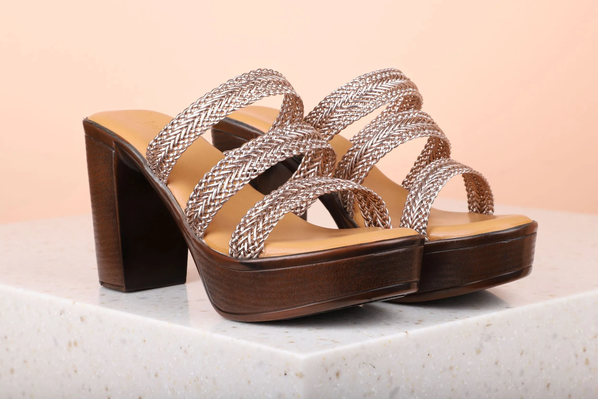 Women Rose Gold Textured Platform Sandals