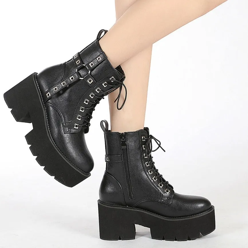 Womens Platform Boots Ankle Boots Goth Chunky Heel Combat Boots Lace Up Zip Knight Booties