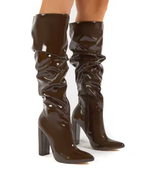 Yours Chocolate Wide Fit Patent Heeled Knee High Block Boots