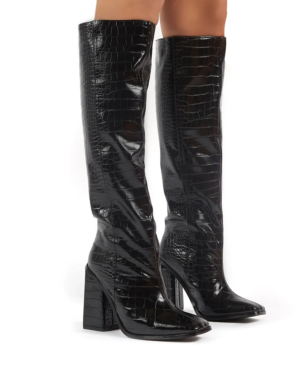 Zina Black Croc Square Toe Block Heeled Knee High Boots